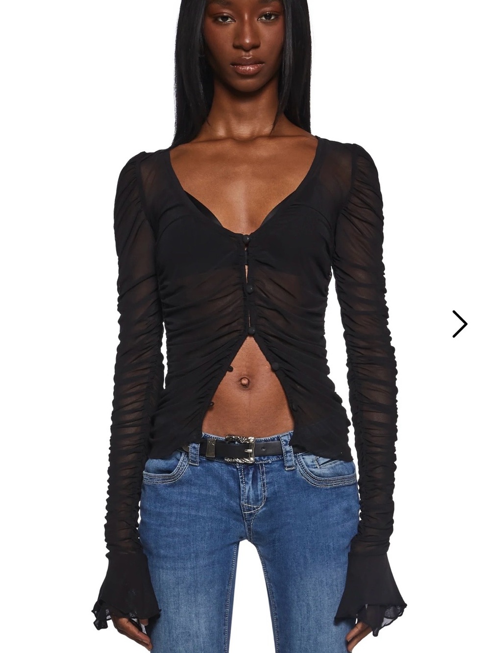 Dolls Kill NWT M - Sheer Ruched Long-Sleeve V-Neck Top in Black